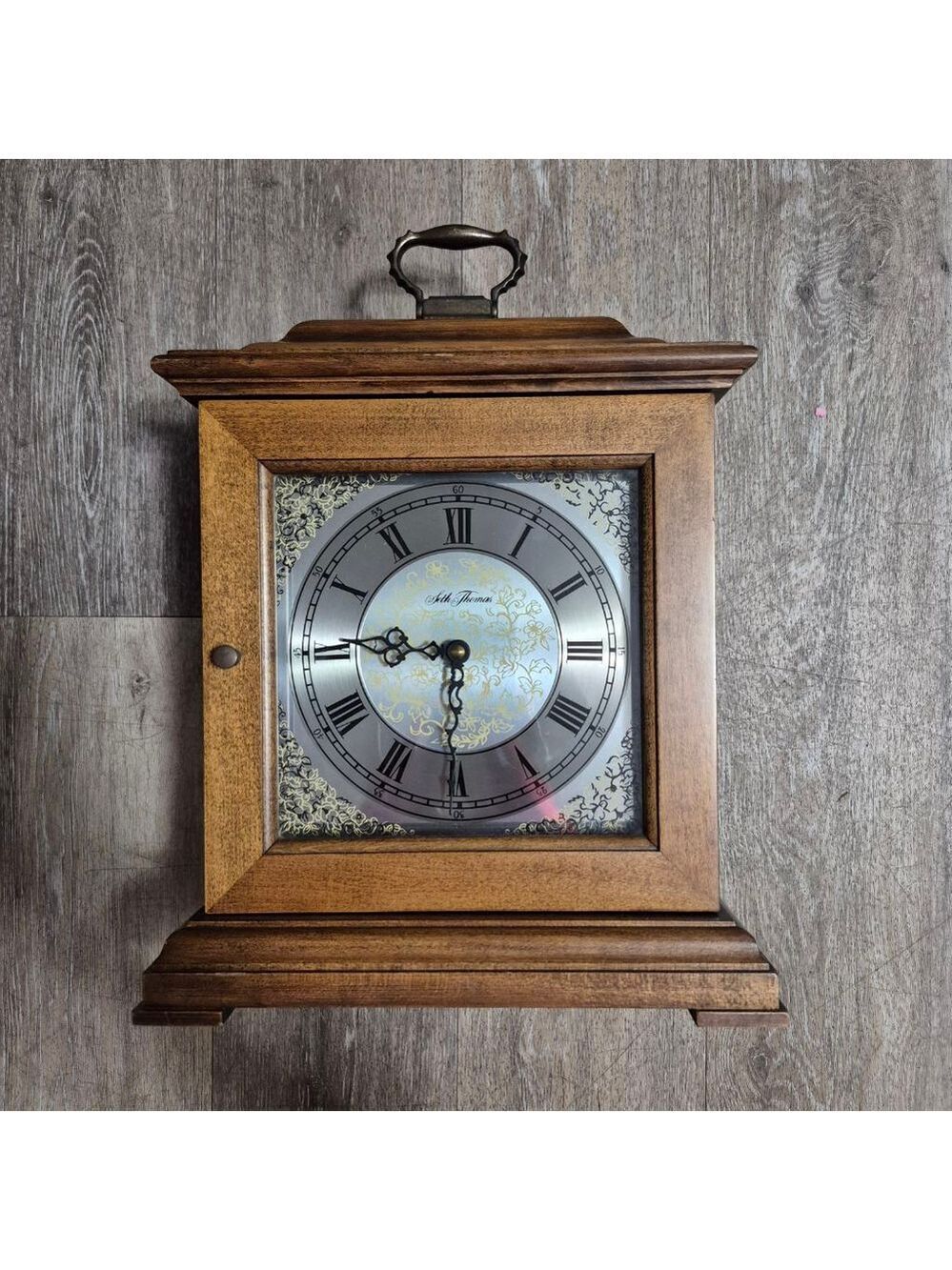 Seth Thomas Brown Wood Mantel Clock with Silver Face